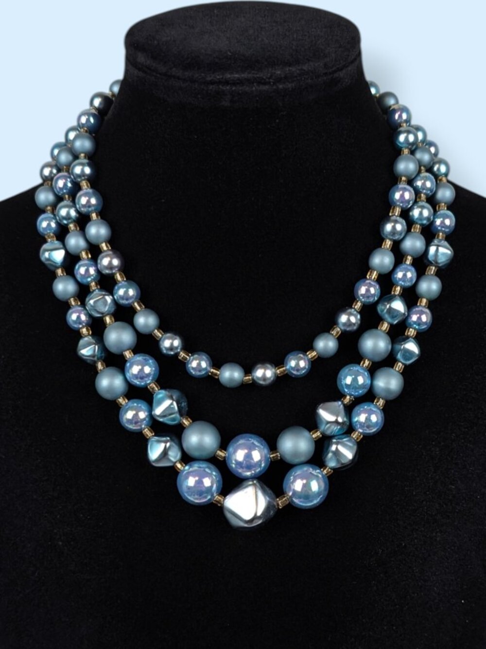 Vintage 3-Strand Blue Iridescent Beaded Statement Necklace
